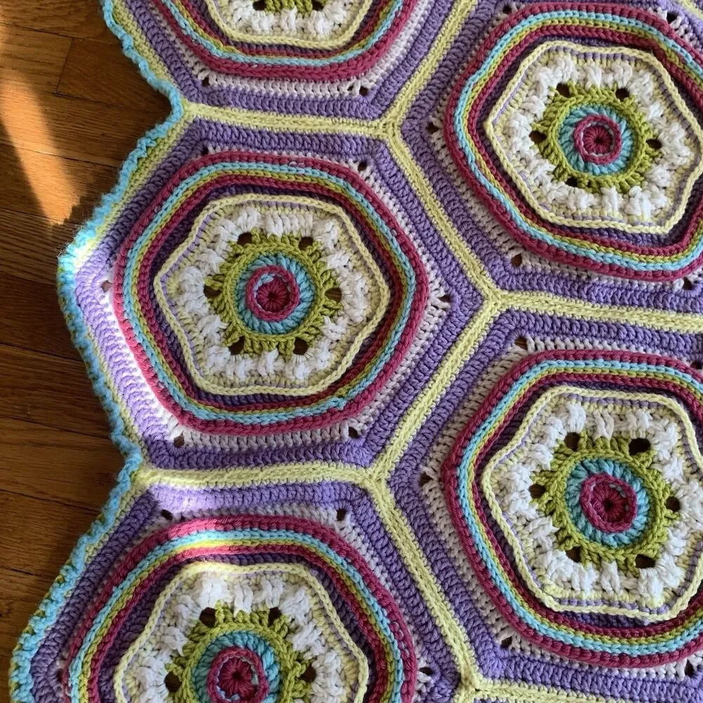 Granny Square Octagons Cotton Crocheted Afghan approx. 32x45” Multicolored Wheel